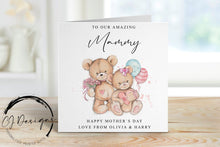 Load image into Gallery viewer, Personalised Mam Mothers Day Card from 2 Children - Cute Bear with Flowers and Gift- Card For Her, Mum, Mam, Mom, Mummy, Mammy, Mommy
