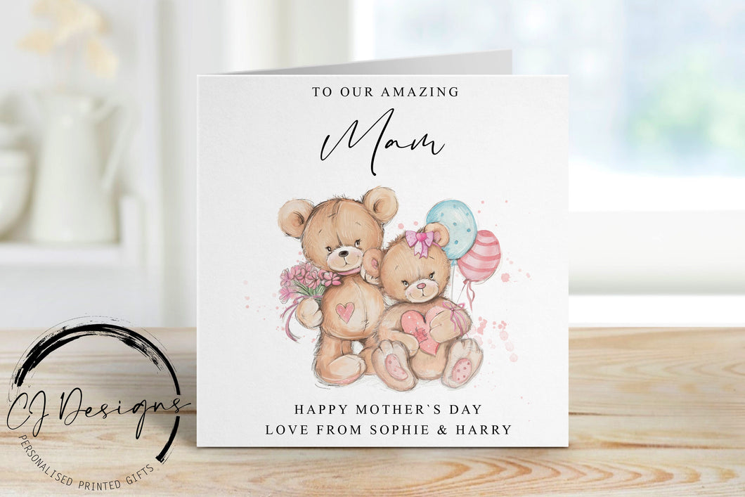 Personalised Mam Mothers Day Card from 2 Children - Cute Bear with Flowers and Gift- Card For Her, Mum, Mam, Mom, Mummy, Mammy, Mommy