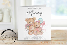 Load image into Gallery viewer, Personalised Mam Mothers Day Card from 2 Children - Cute Bear with Flowers and Gift- Card For Her, Mum, Mam, Mom, Mummy, Mammy, Mommy
