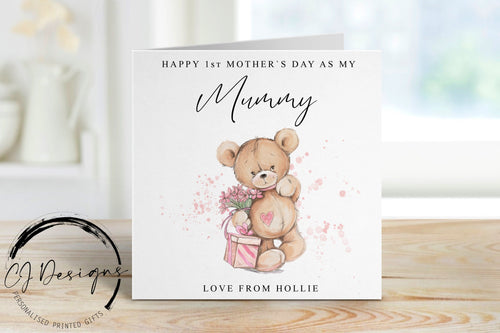 Personalised 1st Mothers Day Card - Mummy Cute Bear with Flowers and Gift- Card For Her, Mum, Mam, Mom, Mummy, Mammy, Mommy