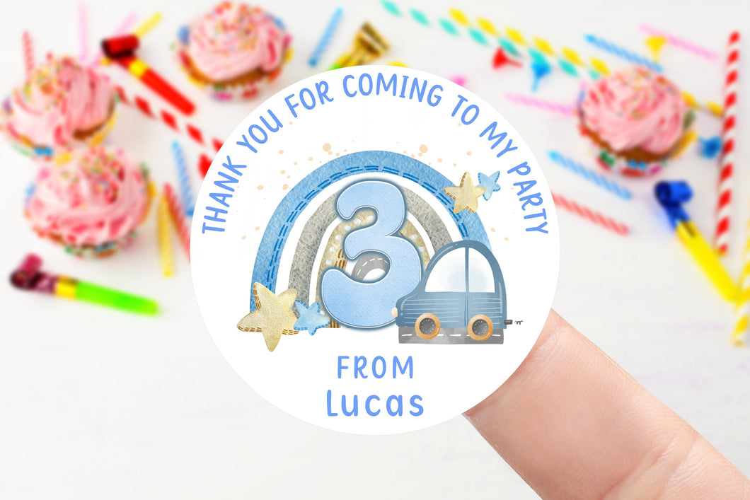 Personalised Birthday Stickers - Age 1-9 Blue Cars Road Travel Birthday Party Bag Thank You Sticker 37mm/45mm /51mm/64mm- Sweet Cone Labels