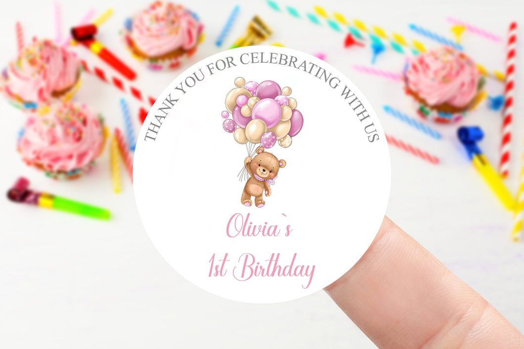 Personalised Teddy Birthday Stickers -Teddy & Pink Balloons Name /Age Birthday Party Bag Thank You Sticker Sweet Cone- 37mm/45mm /51mm/64mm