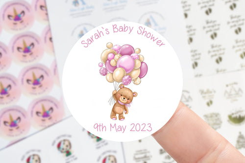 Personalised Baby Shower Stickers - Teddy and Pink Balloons Baby Shower Favours Thank You Sticker - Sweet Cone Stickers 37mm/45mm /51mm/64mm