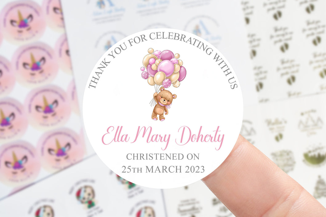 Personalised Christening Stickers -  Girls Teddy with Pink Balloons - Name and Date Thank You For Coming Sticker - 45mm /51mm/64mm