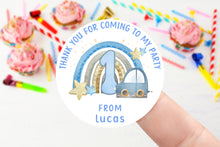 Load image into Gallery viewer, Personalised Birthday Stickers - Age 1-9 Blue Cars Road Travel Birthday Party Bag Thank You Sticker 37mm/45mm /51mm/64mm- Sweet Cone Labels
