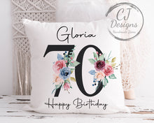 Load image into Gallery viewer, Personalised  90th Birthday Gift Milestone Cushion Keepsake - Black Floral Design White Super Soft Cushion Cover
