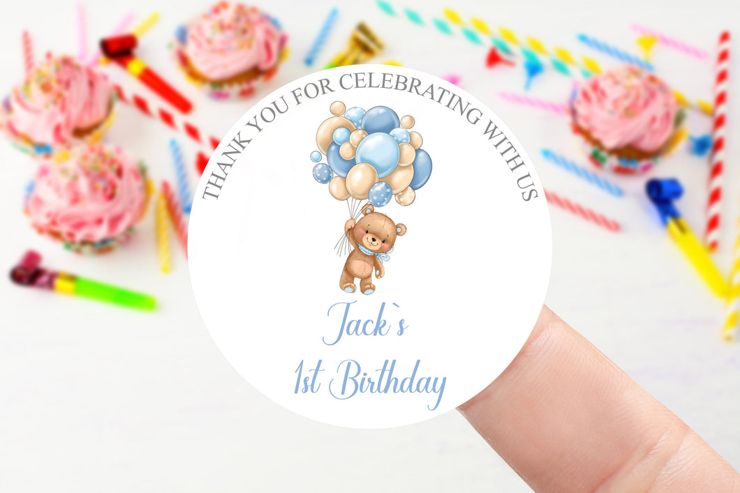 Personalised Teddy Birthday Stickers -Teddy & Blue Balloons Name /Age Birthday Party Bag Thank You Sticker Sweet Cone- 37mm/45mm /51mm/64mm