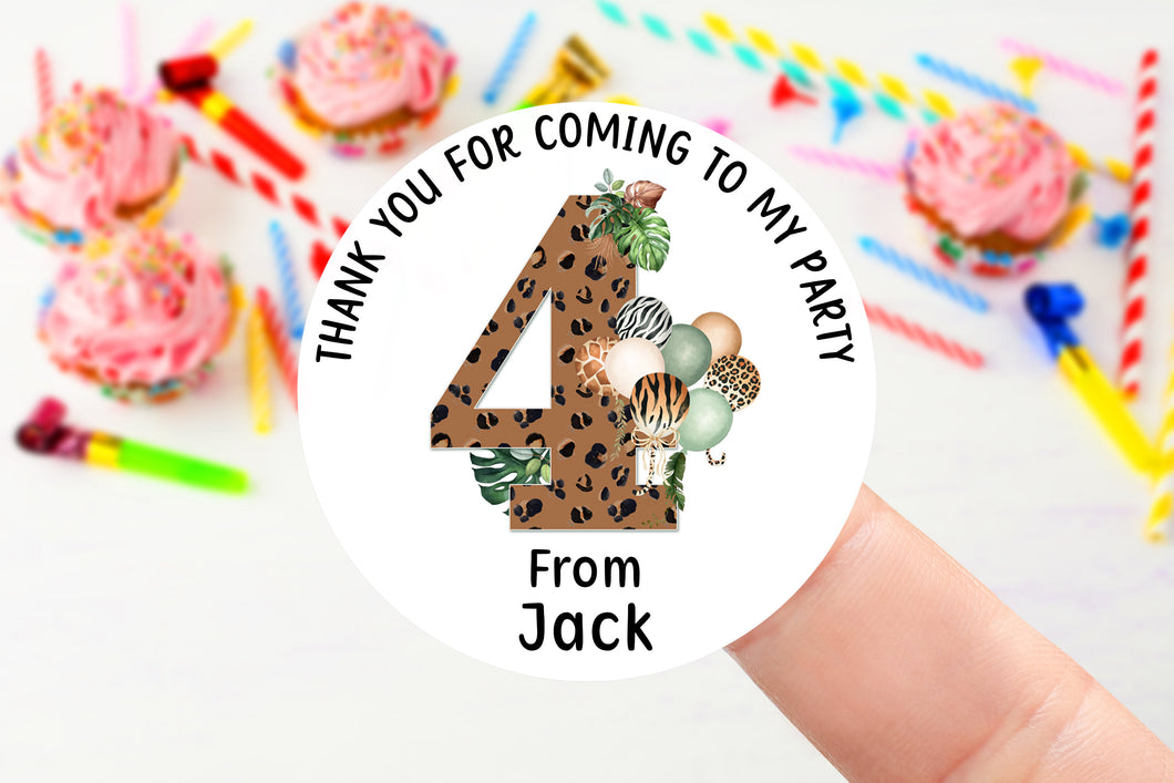 Personalised Birthday Stickers Age 1-9  Leopard  Jungle Theme Birthday Party Bag Thank You Sticker 37mm/45mm /51mm/64mm Sweet Cone Labels