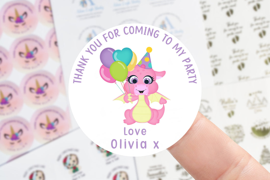 Personalised Birthday Stickers - Pink Dragon Birthday Party Bag Thank You Sticker 37mm/45mm /51mm/64mm- Sweet Cone Labels favours