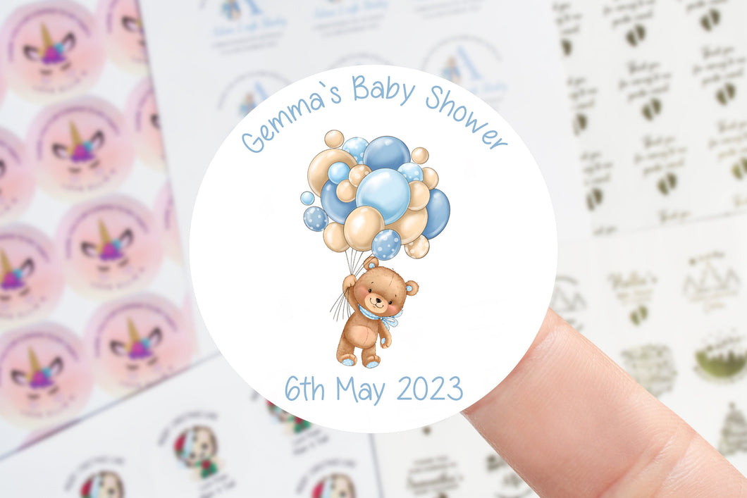 Personalised Baby Shower Stickers - Teddy and Blue Balloons Baby Shower Favours Thank You Sticker - Sweet Cone Stickers 37mm/45mm /51mm/64mm