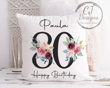 Load image into Gallery viewer, Personalised  70th Birthday Gift Milestone Cushion Keepsake - Black Floral Design White Super Soft Cushion Cover
