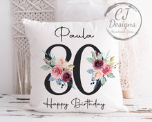 Load image into Gallery viewer, Personalised 80th Birthday Gift Milestone Cushion Keepsake - Black Floral Design White Super Soft Cushion Cover
