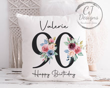 Load image into Gallery viewer, Personalised  90th Birthday Gift Milestone Cushion Keepsake - Black Floral Design White Super Soft Cushion Cover
