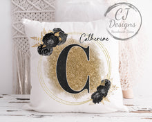 Load image into Gallery viewer, Personalised Letter &amp; Name Alphabet Cushion, Gold and Black Floral Theme | White Super soft Cushion | Personalised Gift
