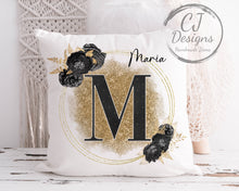 Load image into Gallery viewer, Personalised Letter &amp; Name Alphabet Cushion, Gold and Black Floral Theme | White Super soft Cushion | Personalised Gift
