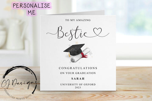 Personalised Bestie Graduation Card- with Cap & Scroll- Name and University Medium or Large card Amazing Best Friend