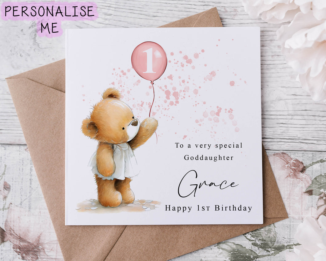 Personalised Goddaughter Bear Birthday Card - Cute Bear with Age & Name Medium or Large card for her 1st 2nd 3rd 4th 5th 6th