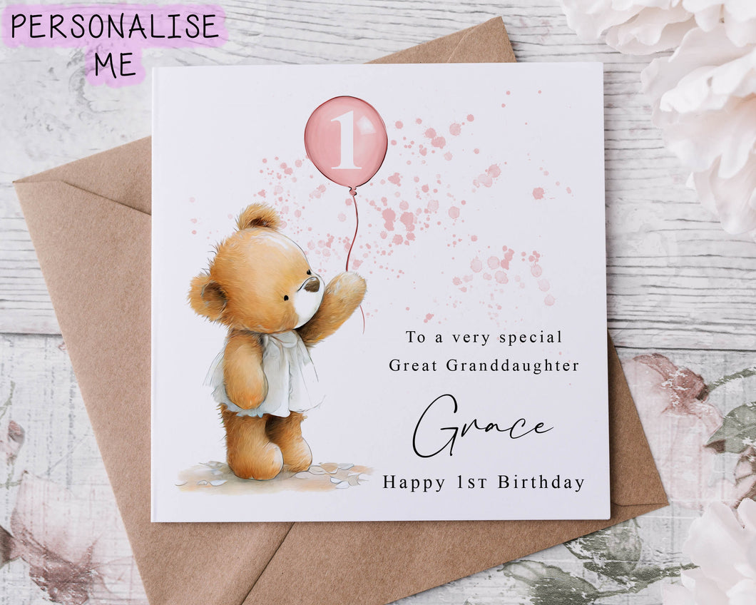 Personalised Great Granddaughter Bear Birthday Card - Cute Bear with Any Age & Name Medium or Large card for her 1st 2nd 3rd 4th 5th 6th