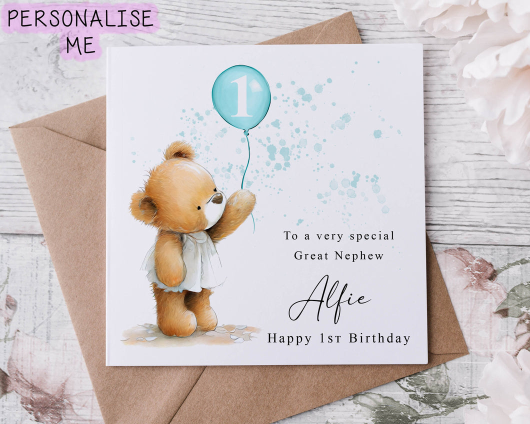 Personalised Great Nephew Birthday Card - Cute Bear with Age & Name Medium or Large card for him 1st 2nd 3rd 4th 5th 6th