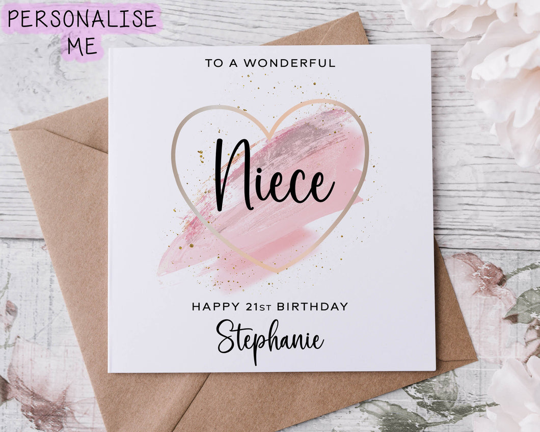Personalised Niece Birthday Card with Pink Theme Heart Design with Age and Name 16th 18th 21st 30th 40th 50th 60th