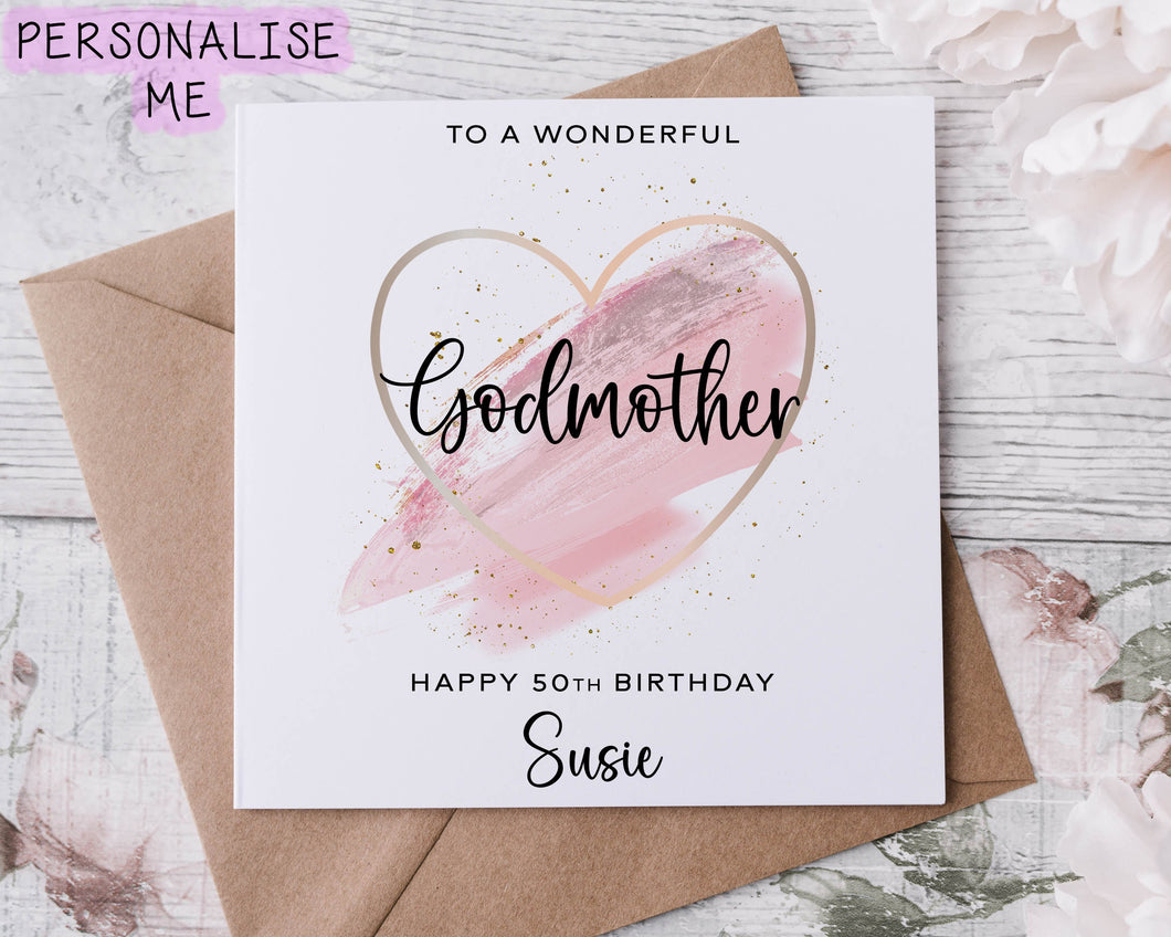 Personalised Godmother Birthday Card with Pink Heart Theme Design Age and Name Card For Her 30th, 40th,50th, 60th, 70th, 80th