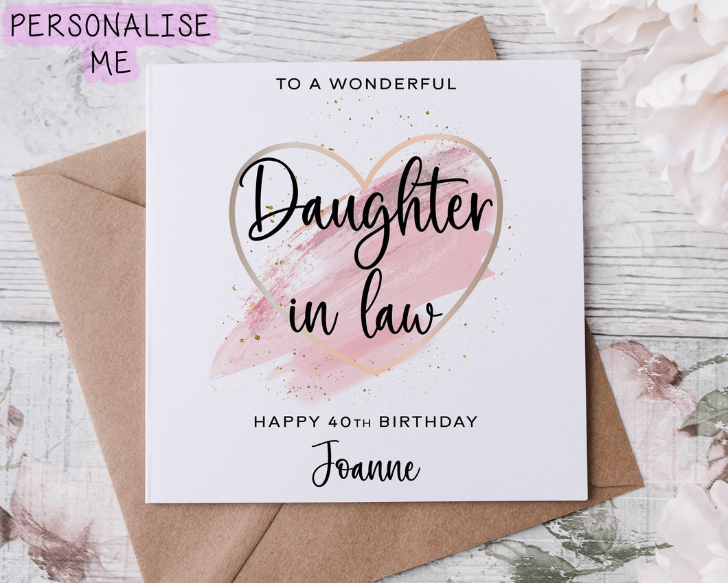 Personalised Daughter in law Birthday Card with Pink Theme Heart Design Age and Name Card For Her 30th, 40th,50th, 60th, 70th, 80th