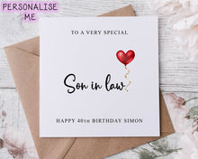 Load image into Gallery viewer, Personalised Son Birthday Card, Card for Him with Red Heart Balloon any age and name Medium of Large 18th 21st 30th 40th 50th 60th
