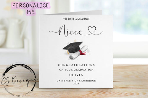 Personalised Niece Graduation Card- with Cap & Scroll- Name and University Medium or Large card Amazing Niece