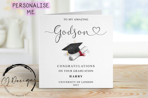 Personalised Godson Graduation Card- with Cap & Scroll- Name and University Medium or Large card Amazing Godson