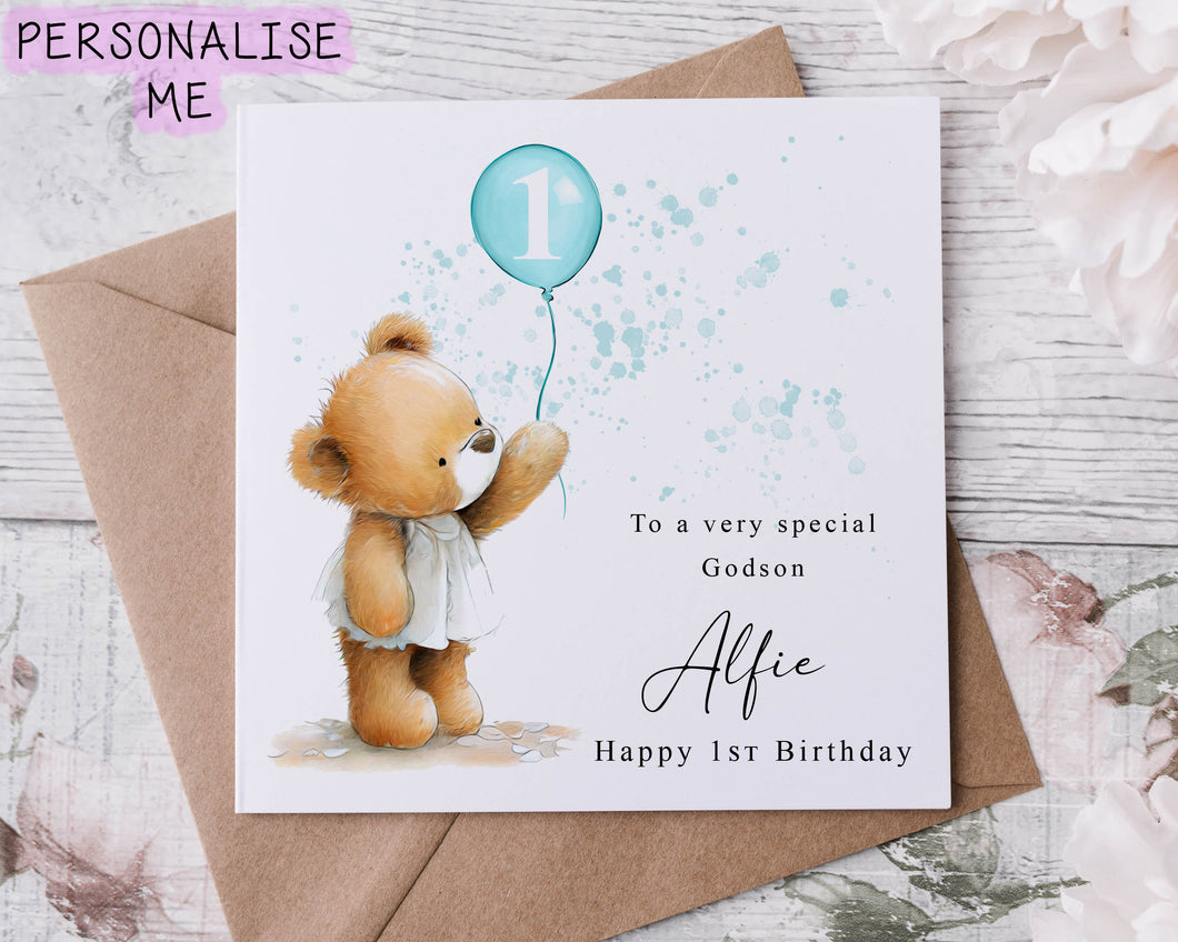 Personalised Godson Birthday Card - Cute Bear with Age & Name Medium or Large card for him 1st 2nd 3rd 4th 5th 6th