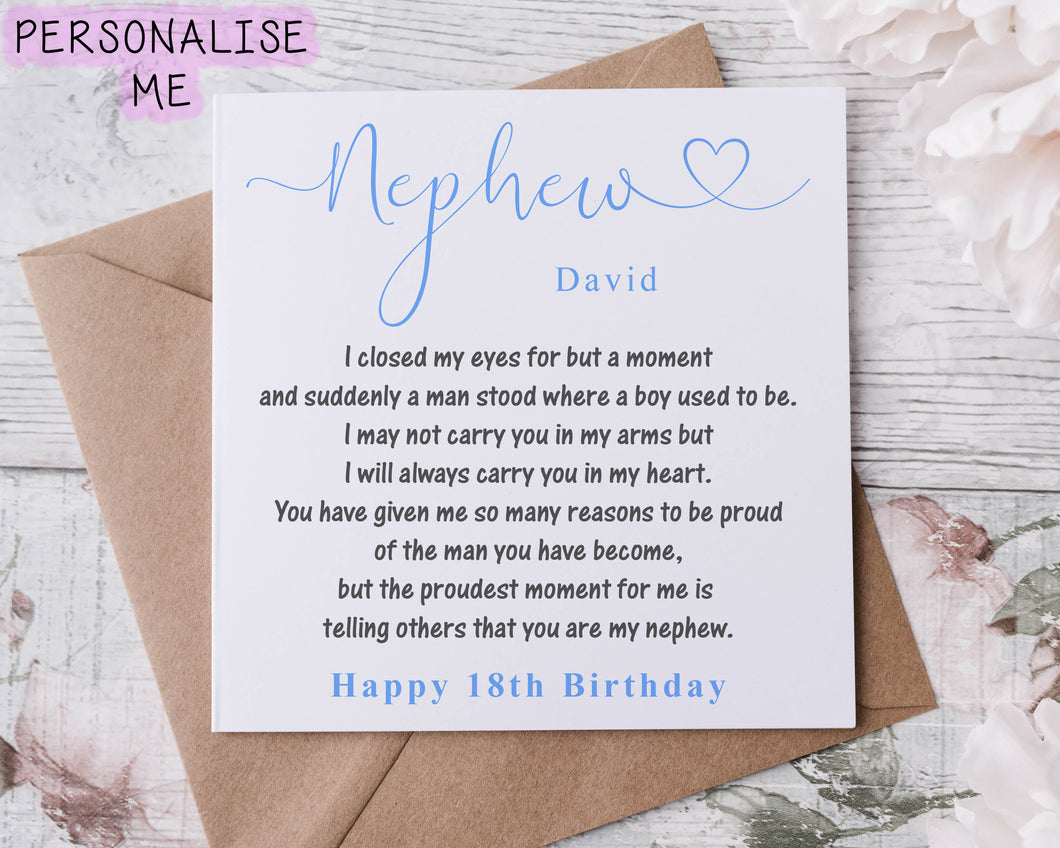 Personalised Nephew Birthday Card I Closed My Eyes Quote Coming of Age I/We, Medium or Large card 21st 30th