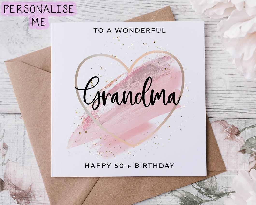 Personalised Grandma Birthday Card with Pink Theme Heart Design, Age Card For Her 40th,50th, 60th, 70th, 80th, Any Age Med Or Lrg