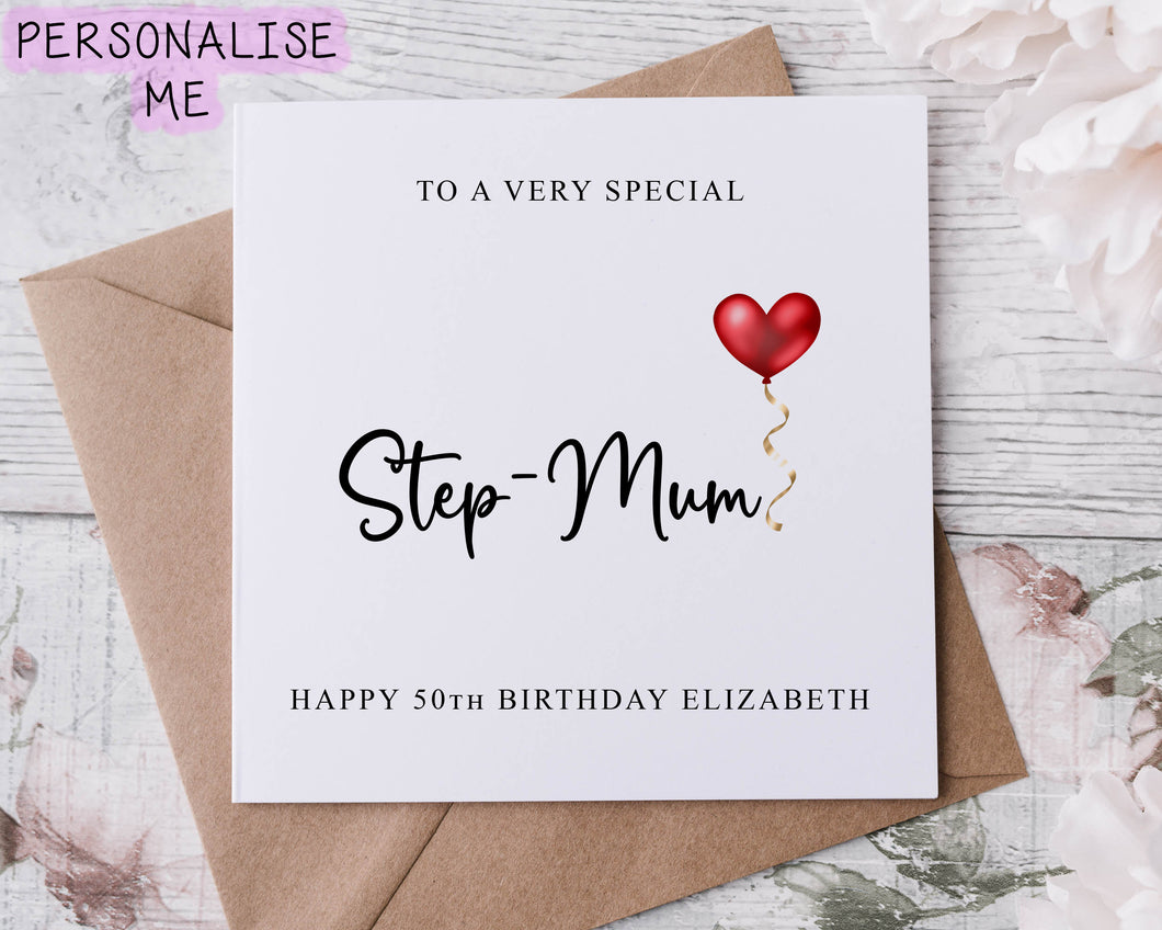 Personalised Step-mum Birthday Card, Special Relative, Happy Birthday, Age Card For Her 30th, 40th,50th Any Age Med Or Lrg