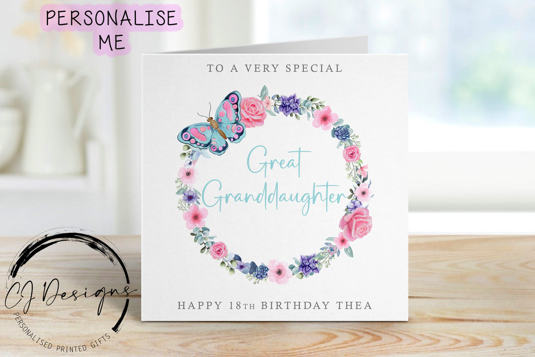 Personalised Great Granddaughter Birthday Card -Floral Butterfly Wreath - Any Age/Name, Greeting Card 16th, 18th, 21st, 30th, 40th, 50th,