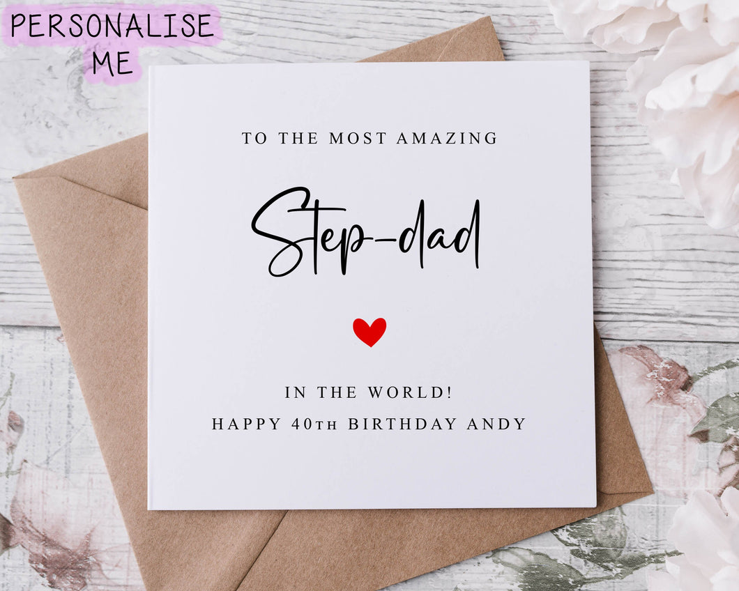 Personalised Best Step-dad Birthday Card with Red Heart, Age and Name, Card For Him 30th, 40th,50th, 60th, 70th, 80th, Any Age