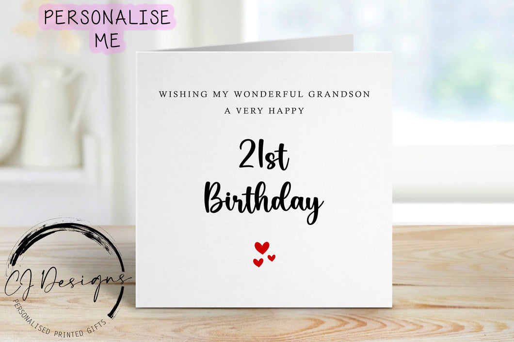 Personalised Grandson Birthday Card - Red Hearts with Any Age Greeting Card for Him 15th, 16th, 17th, 18th, 21st, 30th, 40th, 50th, 60th,