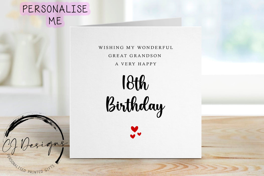 Personalised Great Grandson Birthday Card - Red Hearts with Any Age Greeting Card for Him 15th, 16th, 17th, 18th, 21st, 30th, 40th, 50th,