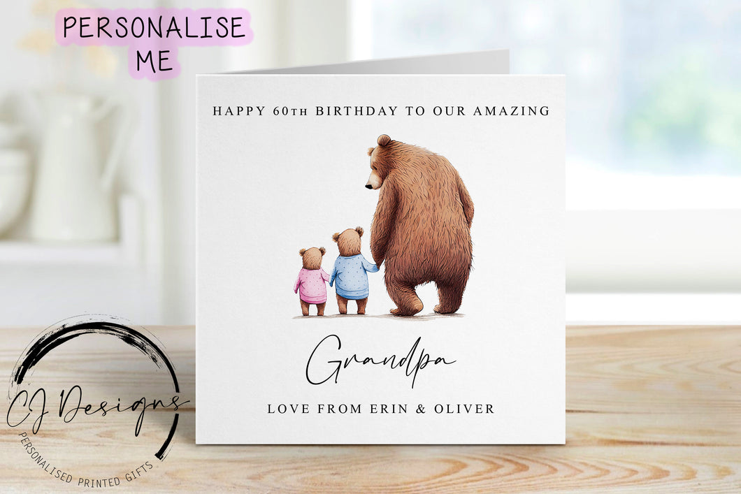 Personalised Grandpa Bear Birthday Card - Grandad and Little Bear upto 4 children Card for Him Medium or Large card Name and Age upto 4