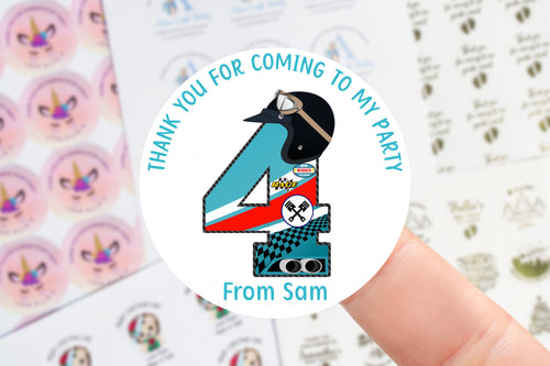 Personalised Racing Car Birthday Stickers -Birthday Party Bag Thank You Sticker - Sweet Cone Labels 37mm/45mm /51mm/64mm 1st 2nd 3rd 4th