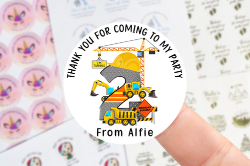 Personalised Birthday Stickers Boys Builder Construction Name Birthday Party Bag Thank You Sticker Sweet Cone Label 37mm/45mm/51mm/64mm