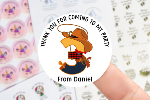 Personalised Cowboy Birthday Stickers -Birthday Party Bag Thank You Sticker - Sweet Cone Labels 37mm/45mm /51mm/64mm Sweet Treat 1st 2nd