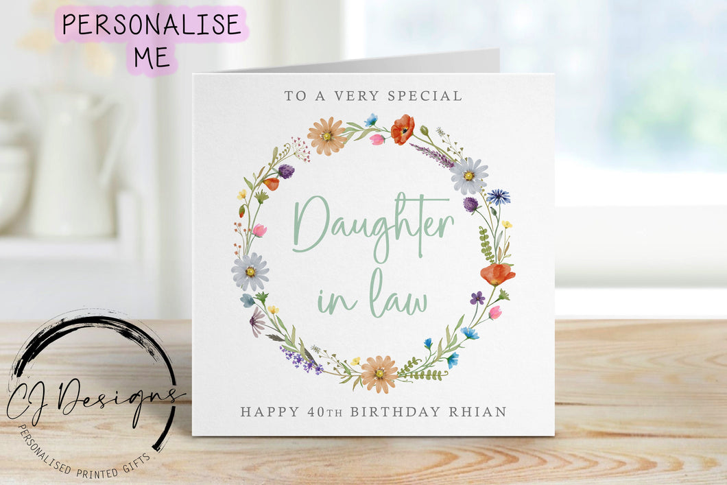 Personalised Daughter in law Birthday Card -Wild Flowers Wreath - Any Age/Name, Greeting Card 21st, 30th,40th, 50th, 60th, 70th,