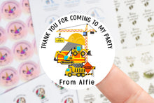 Load image into Gallery viewer, Personalised Birthday Stickers Boys Builder Construction Name Birthday Party Bag Thank You Sticker Sweet Cone Label 37mm/45mm/51mm/64mm
