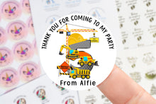 Load image into Gallery viewer, Personalised Birthday Stickers Boys Builder Construction Name Birthday Party Bag Thank You Sticker Sweet Cone Label 37mm/45mm/51mm/64mm
