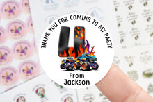Load image into Gallery viewer, Personalised Birthday Stickers -Moster Truck Theme Name/Age 1 to 11 Birthday Party Bag Thank You Sticker - Sweet Cone- 37mm/45mm /51mm/64mm
