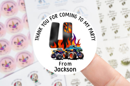 Personalised Birthday Stickers -Moster Truck Theme Name/Age 1 to 11 Birthday Party Bag Thank You Sticker - Sweet Cone- 37mm/45mm /51mm/64mm