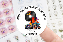 Load image into Gallery viewer, Personalised Birthday Stickers -Moster Truck Theme Name/Age 1 to 11 Birthday Party Bag Thank You Sticker - Sweet Cone- 37mm/45mm /51mm/64mm
