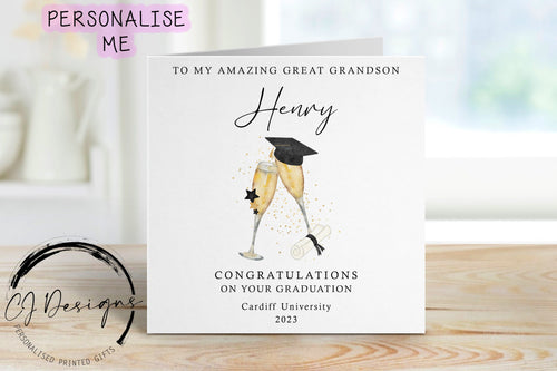 Personalised Great Grandson Graduation Card- with Cap, Scroll & Champagne Glasses- Name and University Medium or Large card Amazing