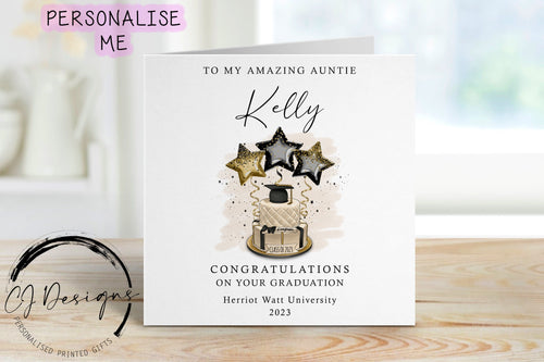 Personalised Auntie Graduation Card- with Cap & Scroll- Name and University card Gold Theme Cake/Balloons Amazing Auntie