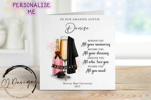 Personalised Auntie Graduation Card- with Cap, Gown & Pink Champagne- Name and University To My/To Our Amazing Auntie